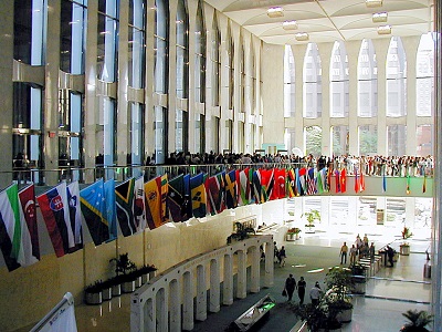 International flags hand at the original World Trade Center. Photo: Tom Wallace.