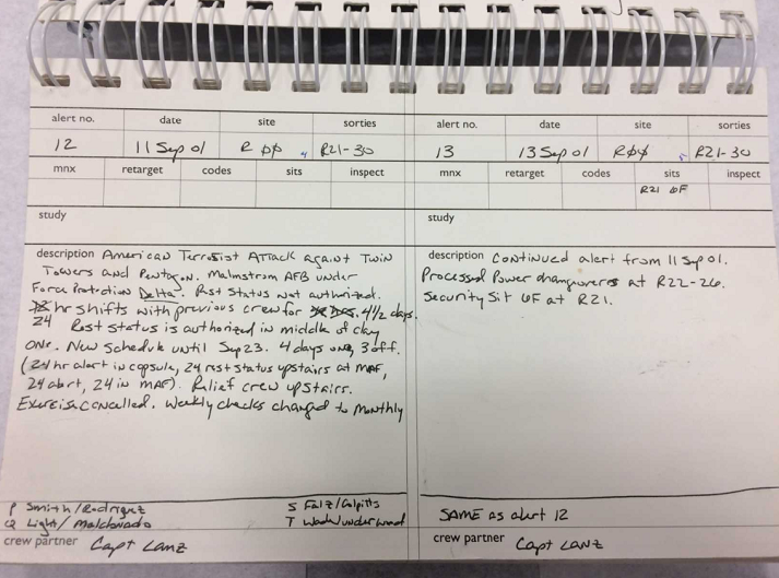 A page from Lt. Col. Brande H. Walton's logbook