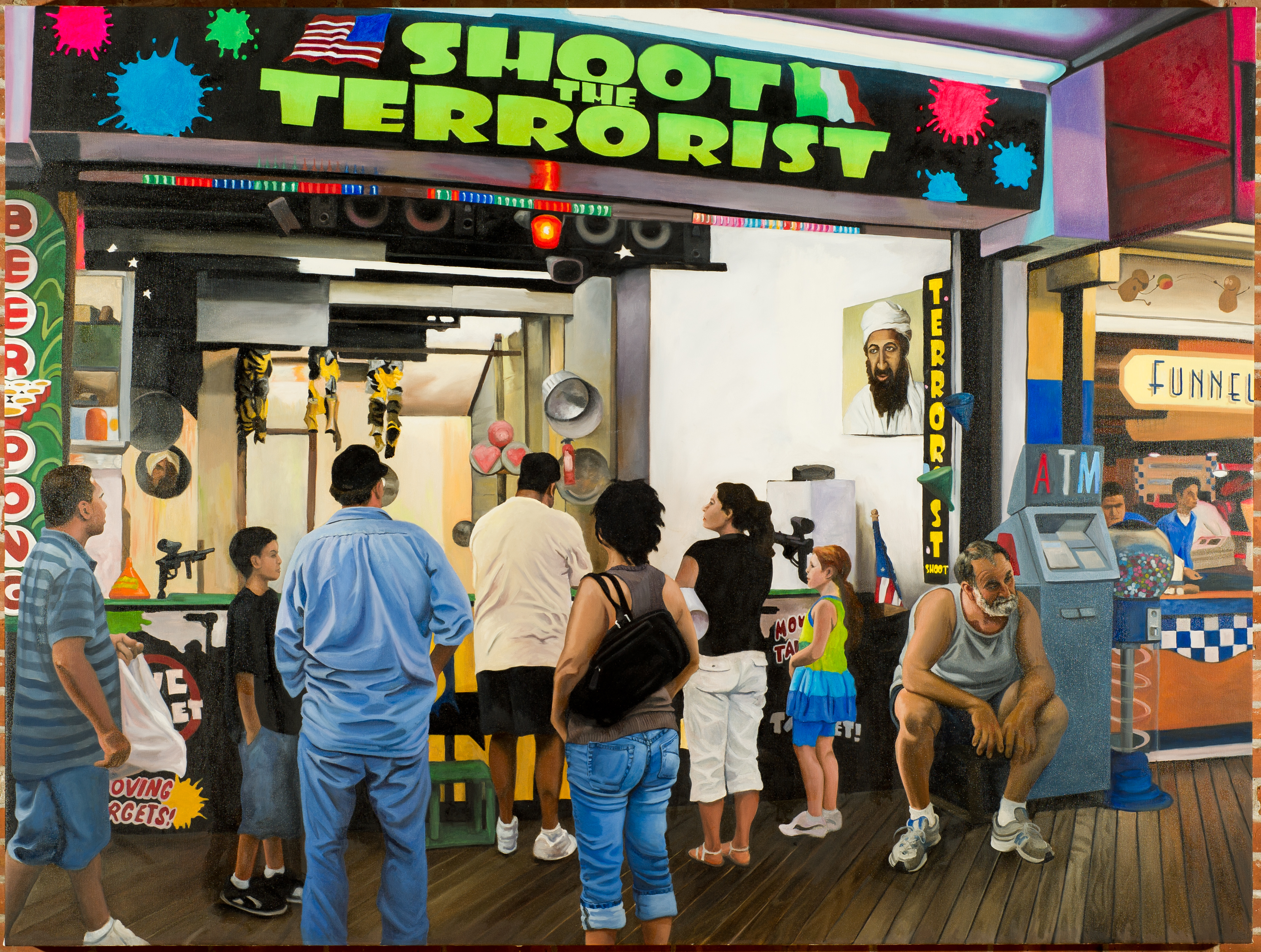 Oil painting of a boardwalk shooting stand from Seaside Heights, NJ called "Shoot the Terrorist," which featured a large photo of binLaden, beer funnels and neon paint ball splatters during the summer of 2009.