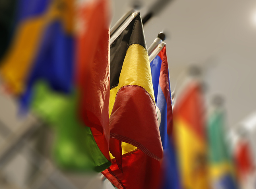 The national flag of Belgium is seen among other international flags positioned on a wall at the 9/11 Memorial Museum.