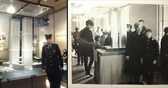 In this split image, retired FDNY firefighter William Denis is seen beside a model of the Twin Towers in 2014 and is again seen beside a model of the Twin Towers as a child with his grandmother in 1966.