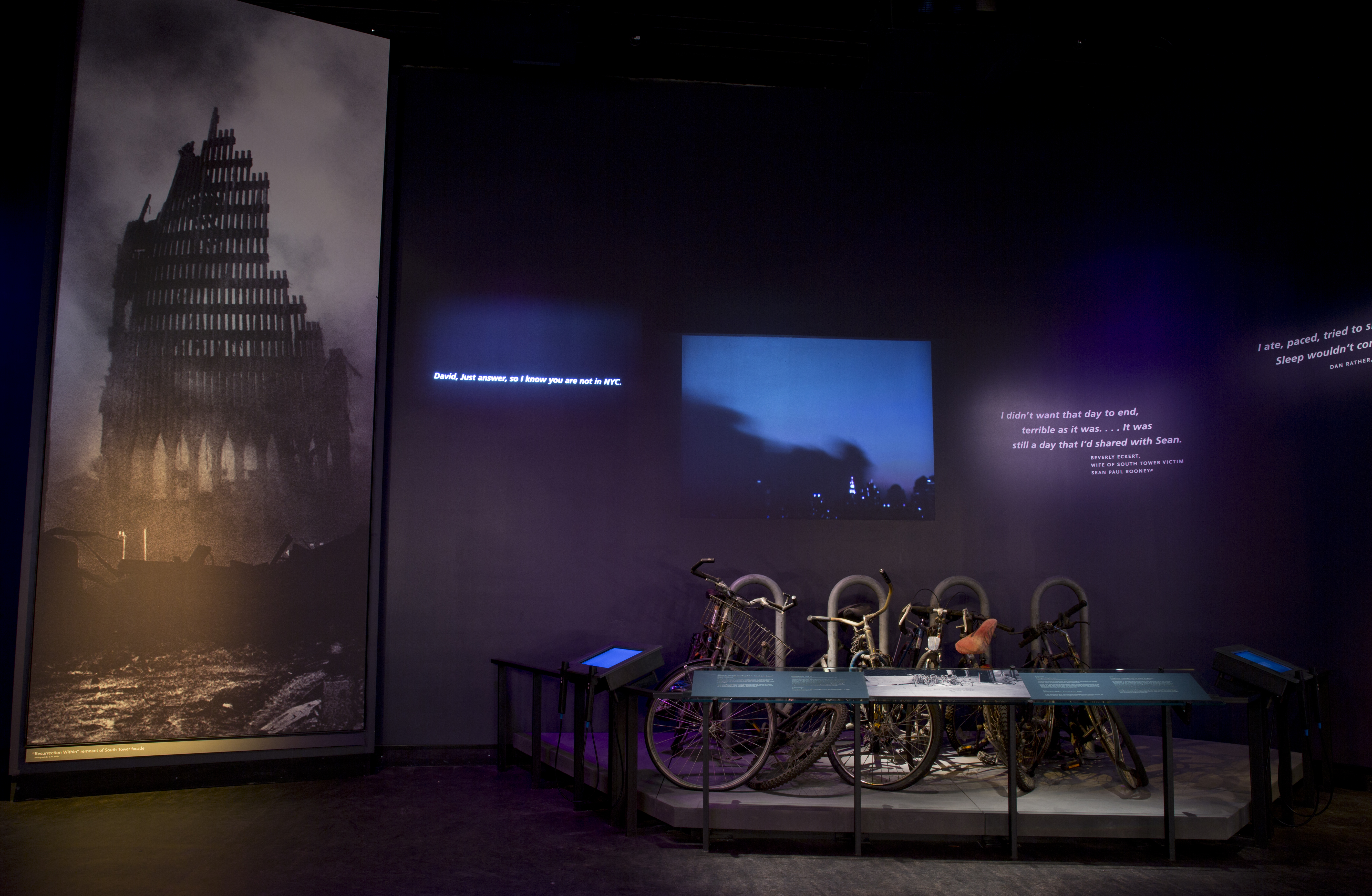 A section of the Museum’s Historical Exhibition features a rack of bicycles covered in dust that survived the attacks.