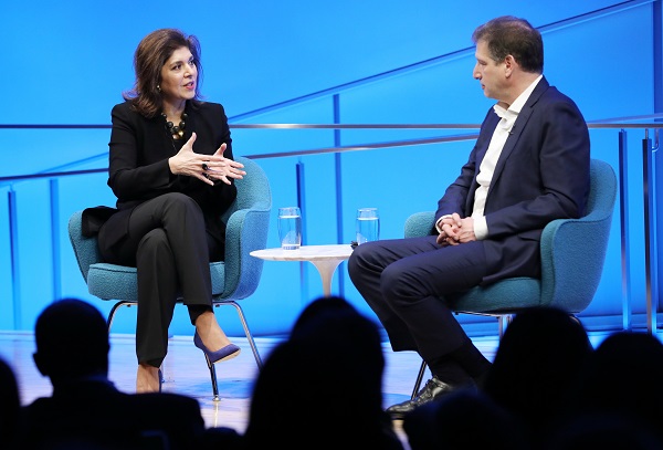 Former diplomat Farah Pandith and Foreign Affairs Editor Gideon Rose speak onstage at the Museum auditorium.