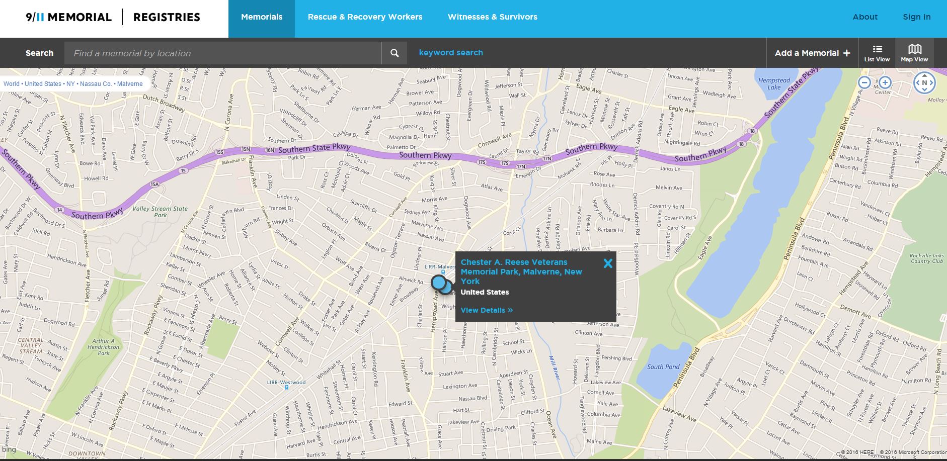 This screenshot of the 9/11 Memorials Registry shows a map of Malverne, New York, where Chester A. Reese Veterans Memorial Park is located.