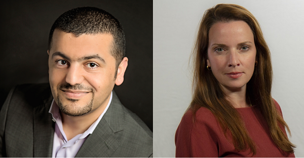 Dr. Karen E. Young and journalist Hassan Hassan each pose for separate portrait photos.