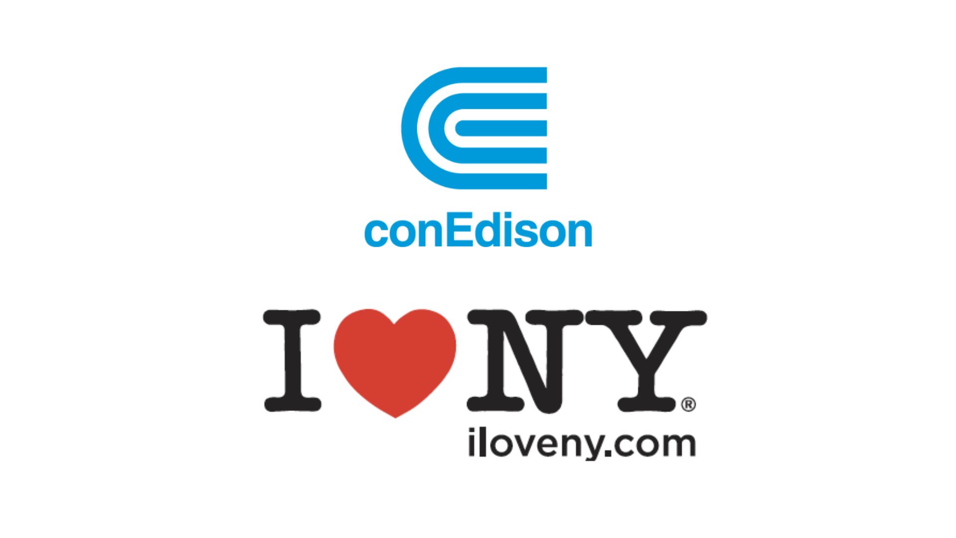 Blue conEdison logo on top of I LOVE NEW YORK logo, featuring black text and the word "love" depicted as a red heart
