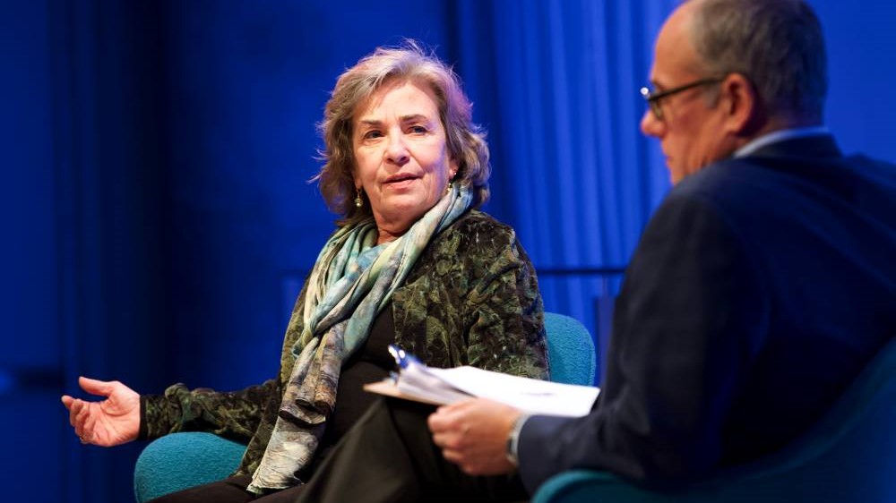 Dr. Sheila Carapico, professor of political science and international studies at the University of Richmond, speaks to Clifford Chanin, the executive vice president and deputy director for museum programs, as the two of them sit onstage in the Museum Auditorium.