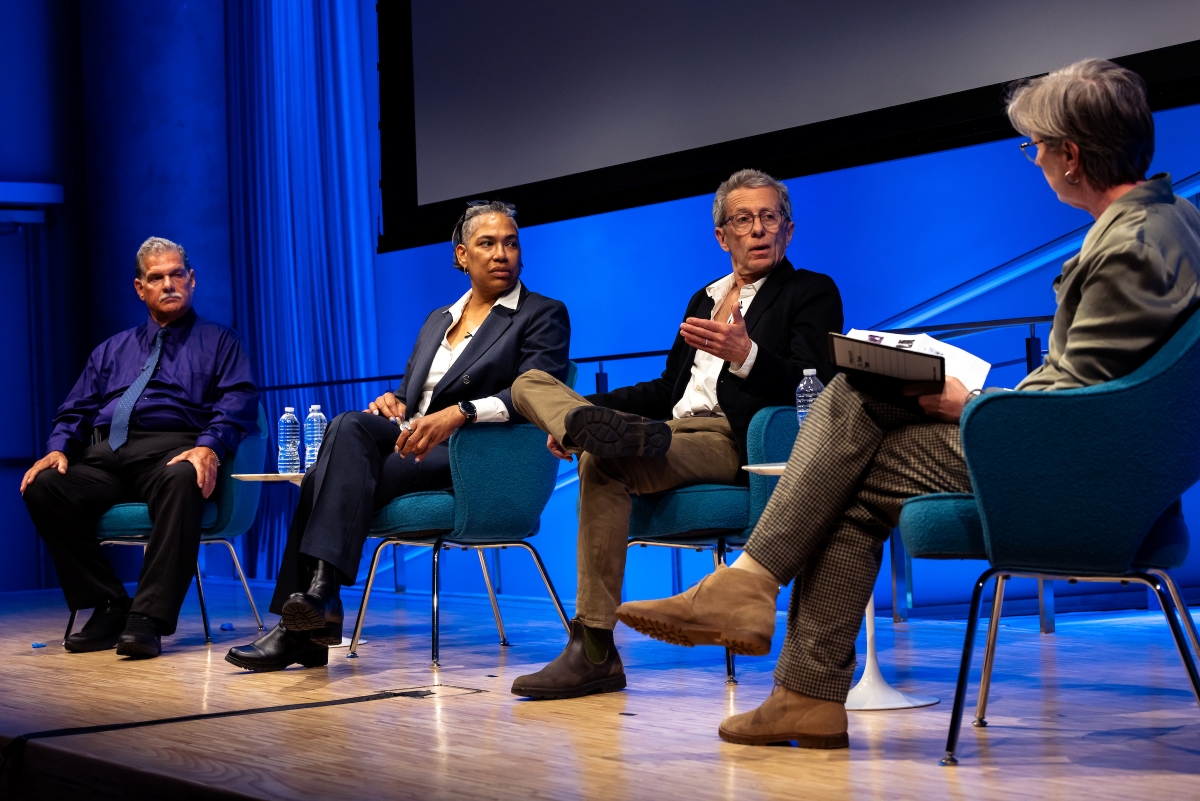panelists on stage with Beth Hillman
