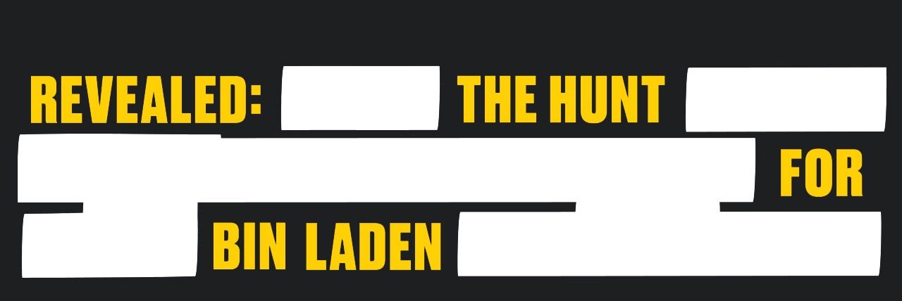 Exhibition title, "Revealed: The Hunt for Bin Laden" rewritten as redacted text.