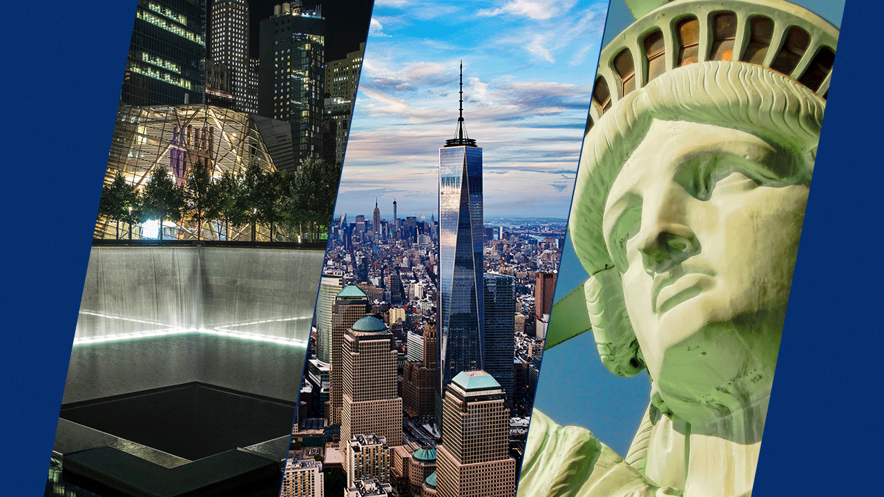 This three-way split image depicts the 9/11 Memorial at night, One World Trade Observatory, and the Statue of Liberty.