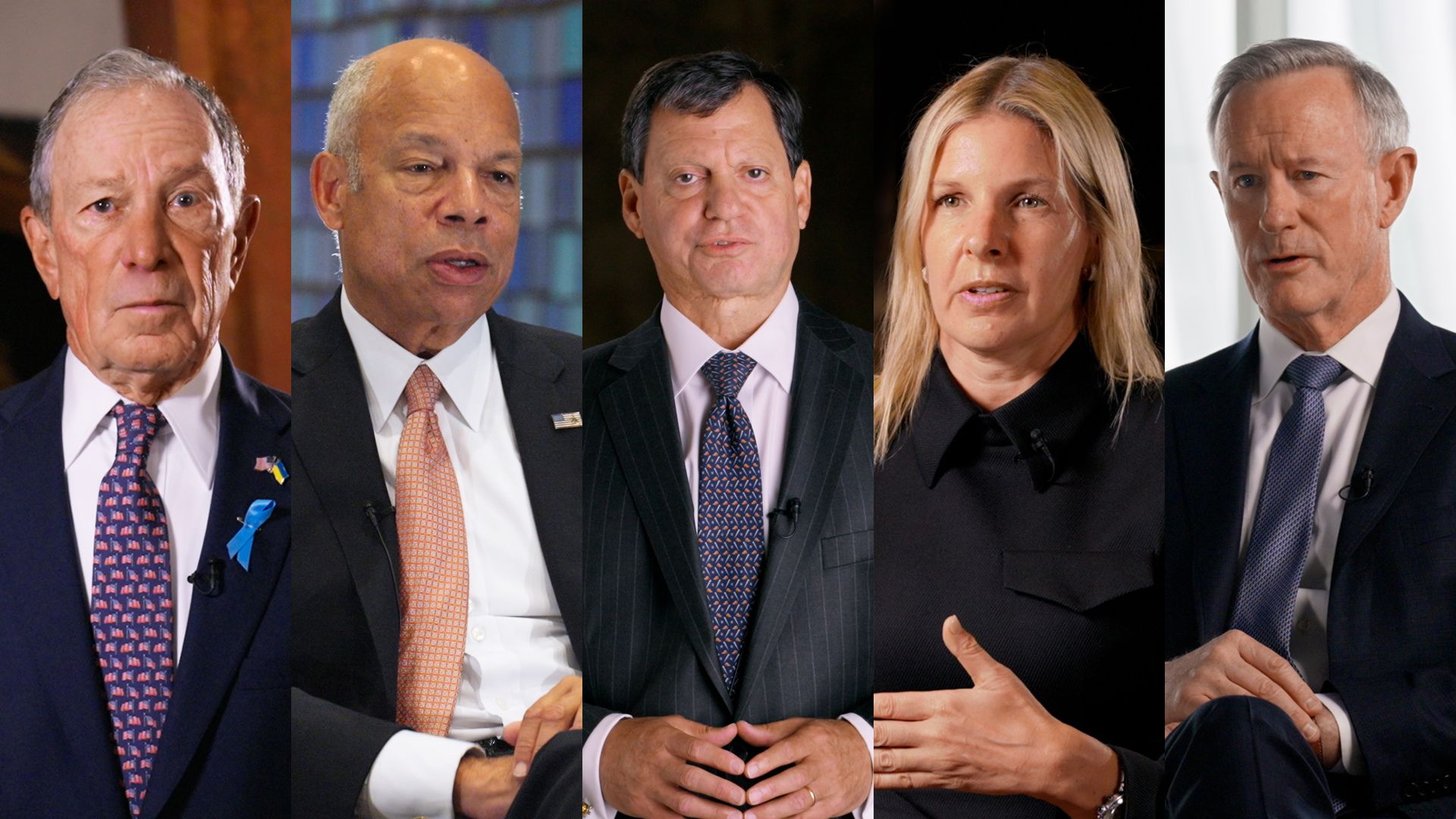 A collage showing headshots of Michael R. Bloomberg, Jeh Johnson, Frank Bisignano, Caryn Seidman-Becker, and William H. McRaven.