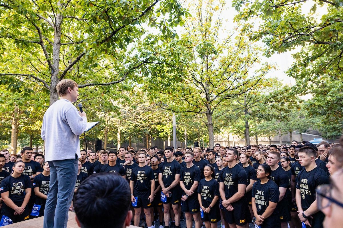 Visionary Sean Egan welcoming West Point Cadets after their Tunnel to Tower run 