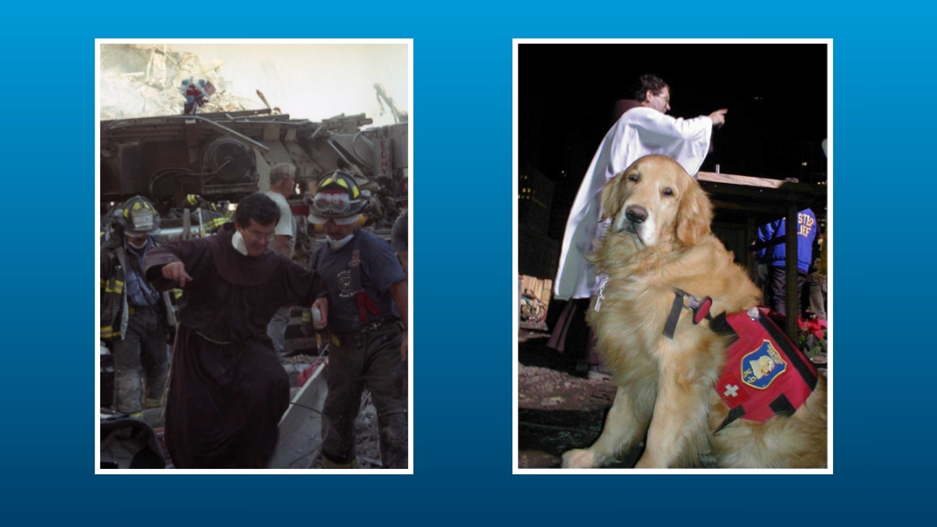 Two photos of Father John, left on 9/11 and right speaking before an audience with a rescue dog in the foreground 