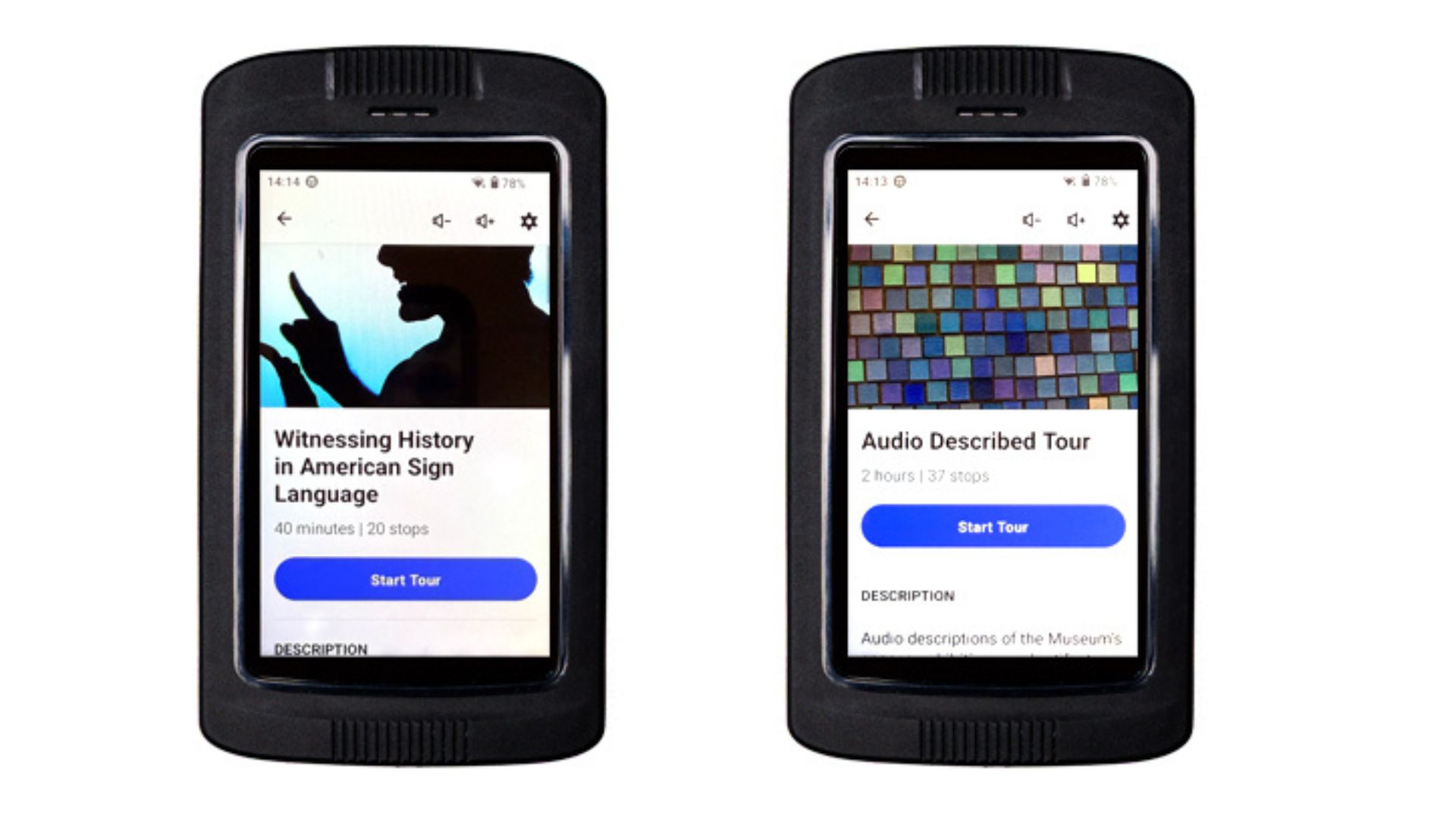 Two audio guide devices showing the homepages of a pair of tours, one entitled, Witnessing History in American Sign Language and the other Audio Described Tour.