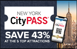 New York CityPASS logo against a blue background, with the city skyline on the right. A mobile phone with a QR code also appears juxtaposed.