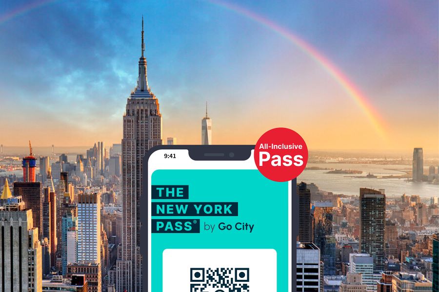 Phone showing New York Pass against New York City skyline