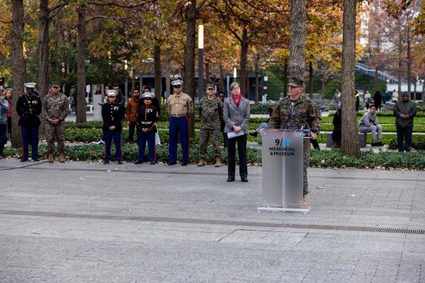 New York City Veterans Day Parade Grand Marshal and Medal of Honor Recipient Sgt. Dakota Meyer addresses marines, veterans and visitors on the Memorial. 