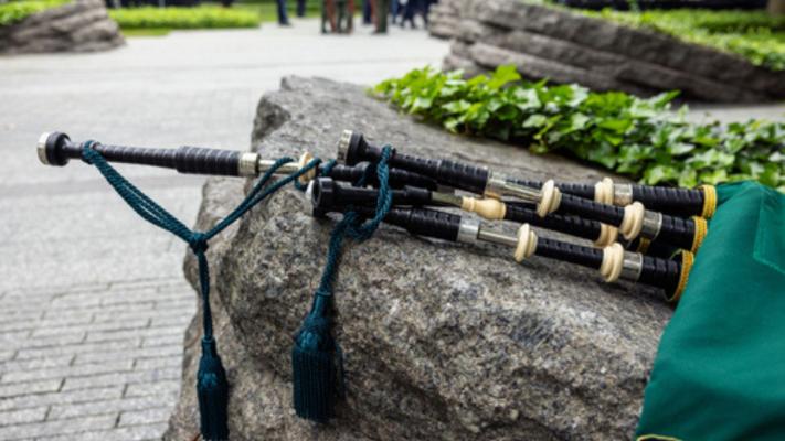Bagpipes placed on a Memorial Glade monolith