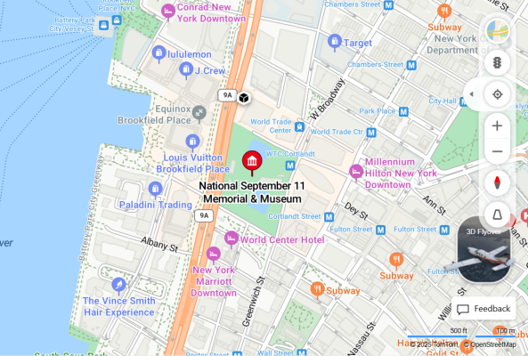 A map of the 9/11 Memorial and Museum and surrounding areas in lower Manhattan.