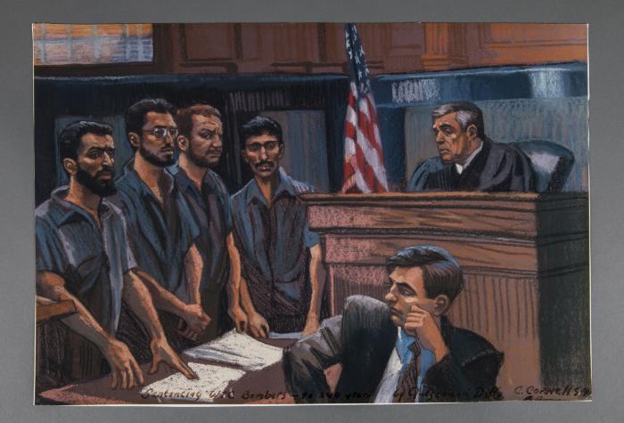 A courtroom sketch depicts the sentencing of four men who played a role in the 1993 bombing of the World Trade Center. The men stand beside each other as they face a judge seated at a bench. A man wearing a suit and tie in the foreground sits and watches the defendants.