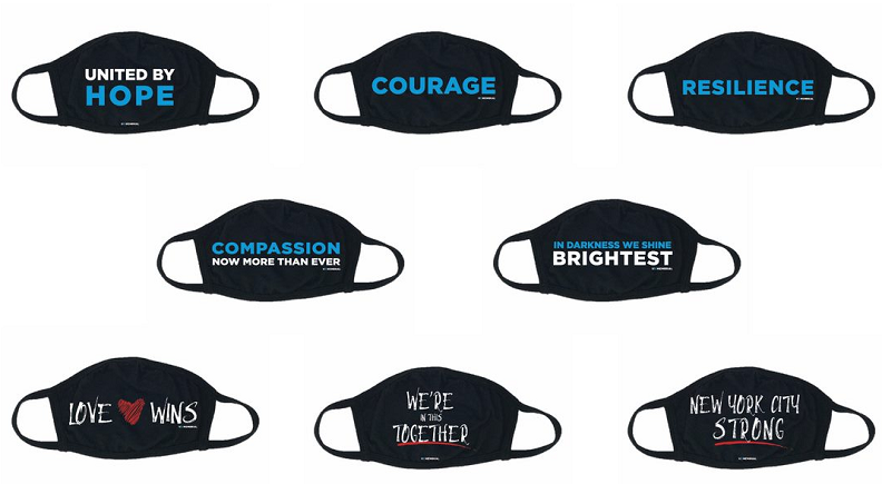Eight 9/11 Memorial & Museum face masks, with words of encouragement such as "Love Wins," "Courage, and "United by Hope" are displayed in an array.
