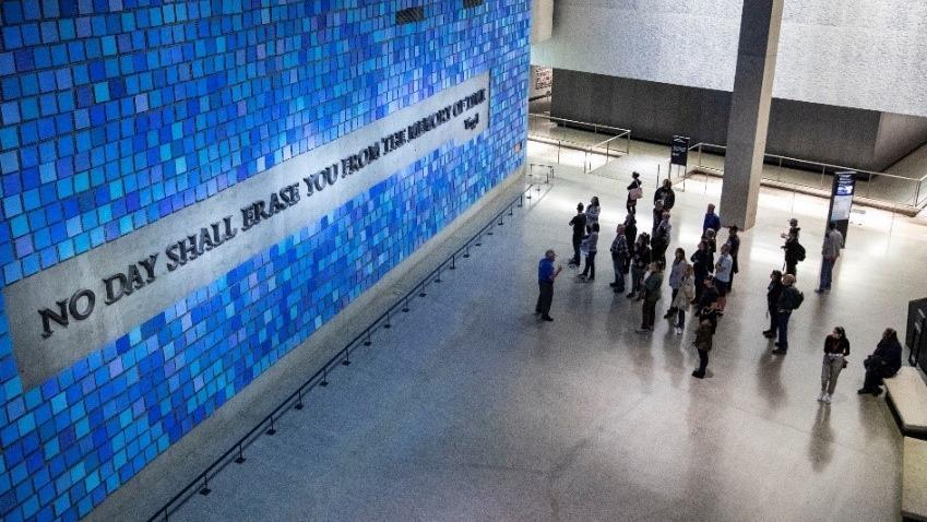 Birds eye view of Memorial Hall with a group of people touring the Museum