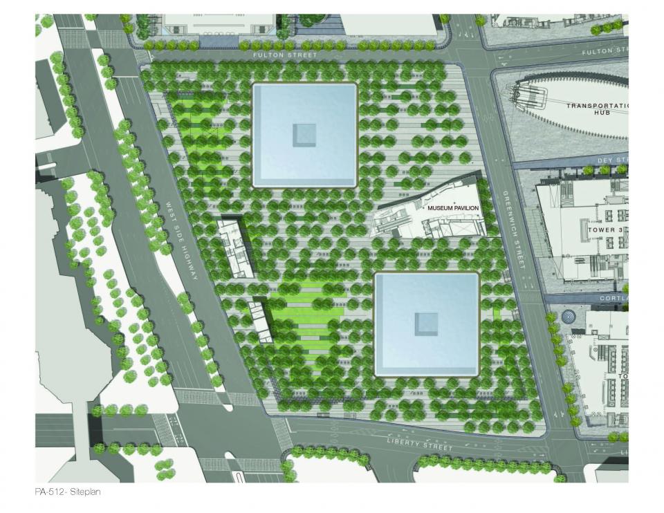 A rendering shows how the 9/11 Memorial fits within the reconstruction plan of the World Trade Center site. (Courtesy of Peter Walker Partners) 512_01.jpg