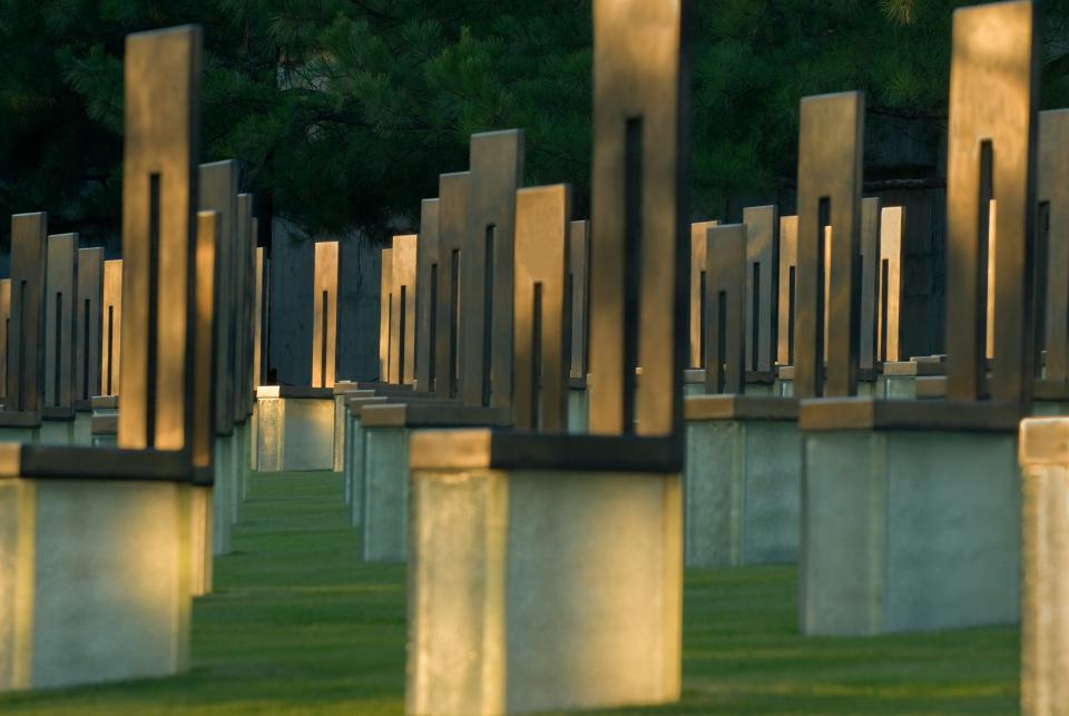 The field of empty chairs at the Oklahoma memorial represents the 168 victims of the April 1995 bombing. There are 19 small chairs for the child victims. (Courtesy photo) OKCMemorialchairs morning light.jpg