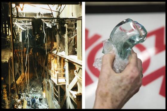 A historical image shows the destroyed parking garage of the North Tower after the bombing in 1993. In a separate image to the left, a person holds up a window glass fragment recovered after the bombing.