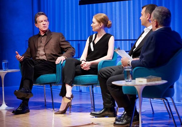 Lawrence Wright, Wrenn Schmidt and Ali Soufan speak onstage as part of a public program at the Museum auditorium. Cliff Chanin, the executive vice president and deputy director for museum programs, is interviewing them.